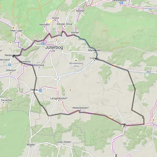 Map miniature of "Charming Villages and Scenic Landscapes" cycling inspiration in Brandenburg, Germany. Generated by Tarmacs.app cycling route planner