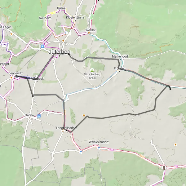 Map miniature of "Exploring Brandenburg's Scenic Roads" cycling inspiration in Brandenburg, Germany. Generated by Tarmacs.app cycling route planner