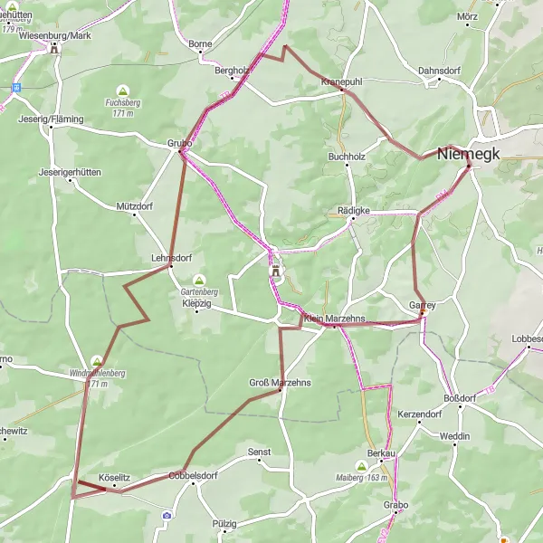 Map miniature of "Cycling Through the Beauties of Cobbelsdorf" cycling inspiration in Brandenburg, Germany. Generated by Tarmacs.app cycling route planner