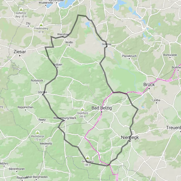 Map miniature of "Discovering Wiesenburg/Mark on Two Wheels" cycling inspiration in Brandenburg, Germany. Generated by Tarmacs.app cycling route planner
