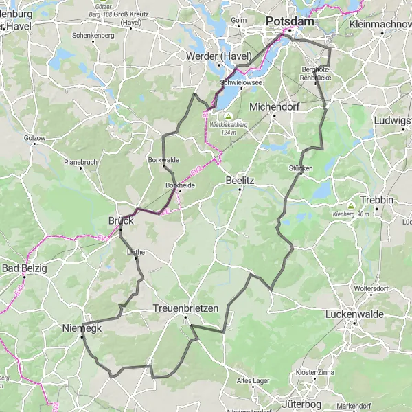 Map miniature of "The Breathtaking Linthe Road Ride" cycling inspiration in Brandenburg, Germany. Generated by Tarmacs.app cycling route planner