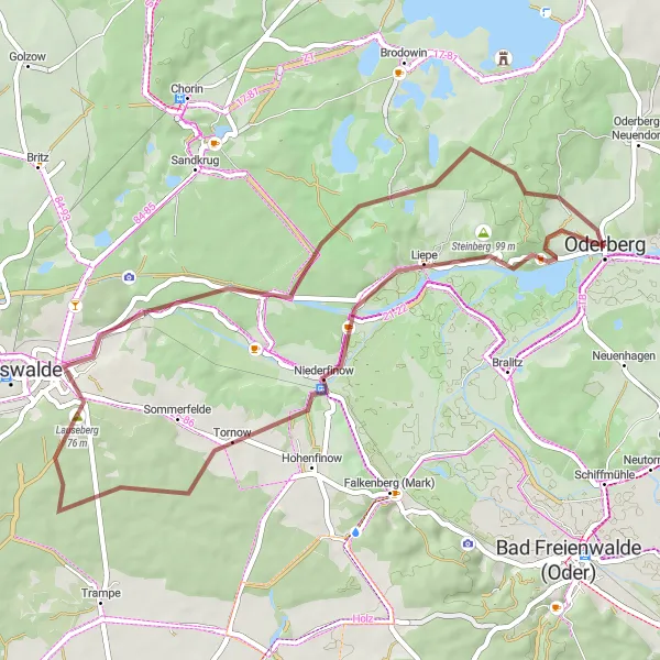 Karten-Miniaturansicht der Radinspiration "Entdeckungstour auf den Gravel-Wegen von Oderberg" in Brandenburg, Germany. Erstellt vom Tarmacs.app-Routenplaner für Radtouren