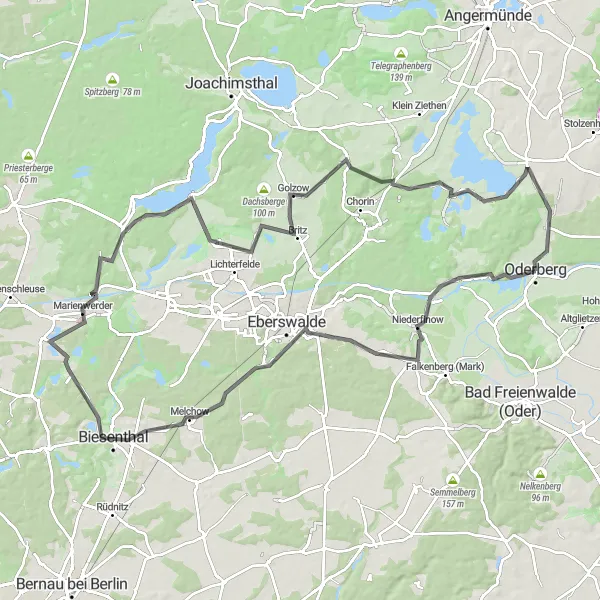 Map miniature of "Oderberg to Biesenthal Road Ride" cycling inspiration in Brandenburg, Germany. Generated by Tarmacs.app cycling route planner