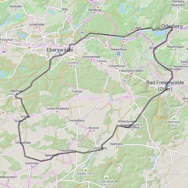 Map miniature of "Exploring Historic Towns by Road" cycling inspiration in Brandenburg, Germany. Generated by Tarmacs.app cycling route planner