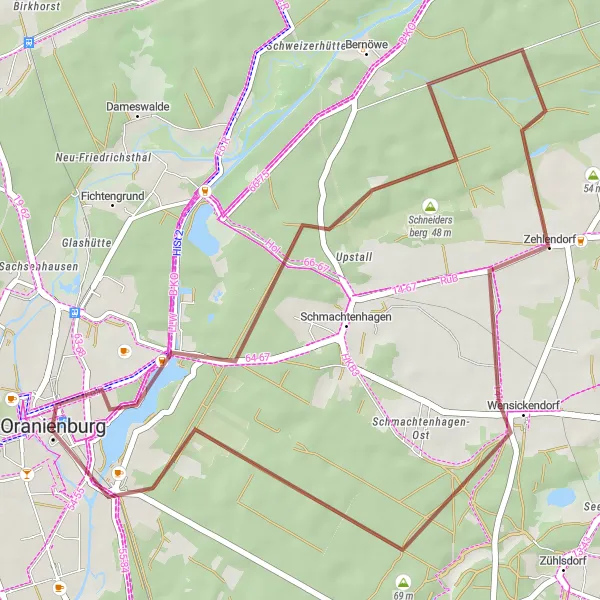Map miniature of "Scenic Ride through Oranienburg and Surrounding Areas Gravel Cycling Route" cycling inspiration in Brandenburg, Germany. Generated by Tarmacs.app cycling route planner