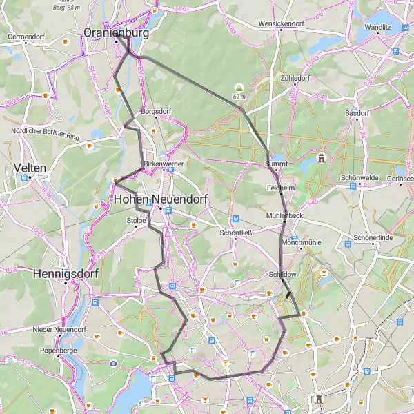 Karten-Miniaturansicht der Radinspiration "Rund um Oranienburg" in Brandenburg, Germany. Erstellt vom Tarmacs.app-Routenplaner für Radtouren