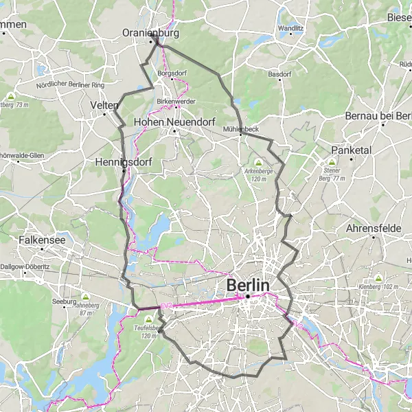 Map miniature of "Discovering the Nature around Oranienburg Road Cycling Route" cycling inspiration in Brandenburg, Germany. Generated by Tarmacs.app cycling route planner