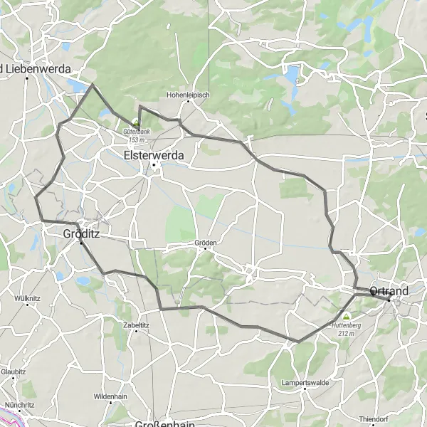 Map miniature of "Ortrand to Lindenau Road Cycling Route" cycling inspiration in Brandenburg, Germany. Generated by Tarmacs.app cycling route planner