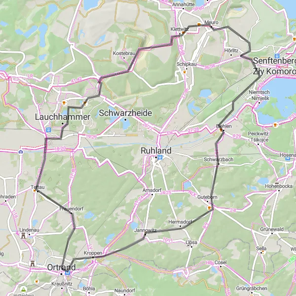 Map miniature of "The Tettau Loop" cycling inspiration in Brandenburg, Germany. Generated by Tarmacs.app cycling route planner