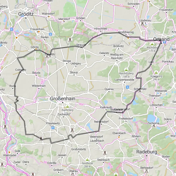 Karten-Miniaturansicht der Radinspiration "Road-Tour durch Bachberg und Großthiemig" in Brandenburg, Germany. Erstellt vom Tarmacs.app-Routenplaner für Radtouren