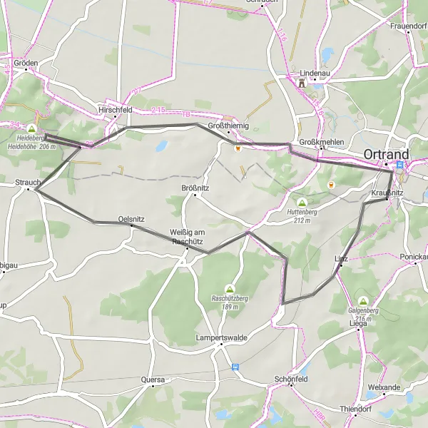 Map miniature of "Short Scenic Road Cycling Route from Ortrand" cycling inspiration in Brandenburg, Germany. Generated by Tarmacs.app cycling route planner