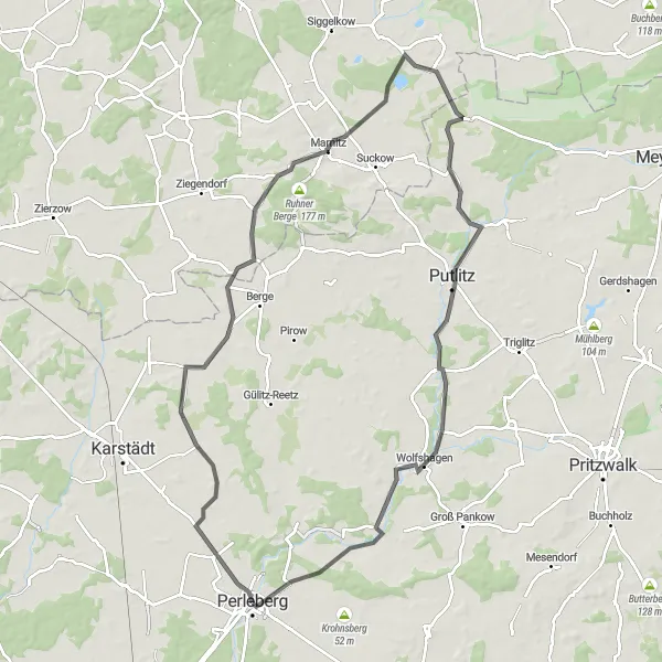 Map miniature of "Quitzow - Putlitz Loop" cycling inspiration in Brandenburg, Germany. Generated by Tarmacs.app cycling route planner