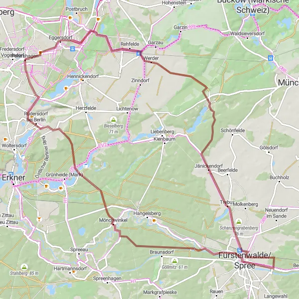 Map miniature of "Petershagen Gravel Adventure" cycling inspiration in Brandenburg, Germany. Generated by Tarmacs.app cycling route planner