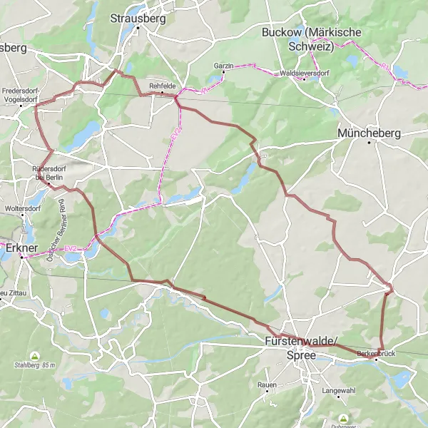 Map miniature of "The Rehfelde Gravel Escapade" cycling inspiration in Brandenburg, Germany. Generated by Tarmacs.app cycling route planner