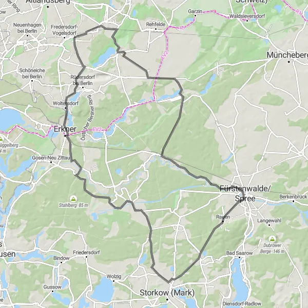 Karten-Miniaturansicht der Radinspiration "Herausfordernde Rundtour durch die Natur" in Brandenburg, Germany. Erstellt vom Tarmacs.app-Routenplaner für Radtouren