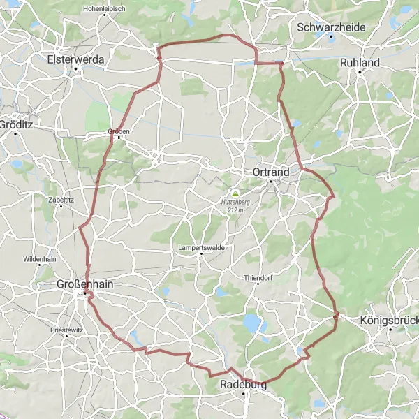 Map miniature of "Gravel Route: Plessa to Großenhain" cycling inspiration in Brandenburg, Germany. Generated by Tarmacs.app cycling route planner