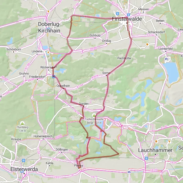 Map miniature of "Gravel Route: Plessa to Finsterwalde" cycling inspiration in Brandenburg, Germany. Generated by Tarmacs.app cycling route planner