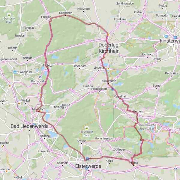 Map miniature of "Plessa - Baatzer Berge Gravel Adventure" cycling inspiration in Brandenburg, Germany. Generated by Tarmacs.app cycling route planner