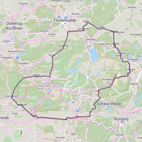 Map miniature of "Rundown the Countryside" cycling inspiration in Brandenburg, Germany. Generated by Tarmacs.app cycling route planner