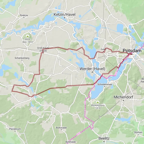 Map miniature of "Potsdam Gravel Adventure" cycling inspiration in Brandenburg, Germany. Generated by Tarmacs.app cycling route planner