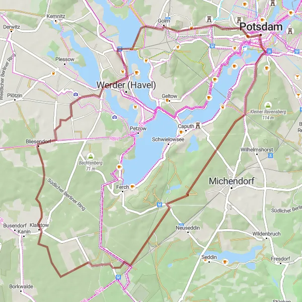 Karten-Miniaturansicht der Radinspiration "Gravel-Rundfahrradroute um Potsdam" in Brandenburg, Germany. Erstellt vom Tarmacs.app-Routenplaner für Radtouren