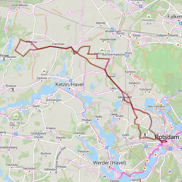 Map miniature of "Potsdam Gravel Adventure" cycling inspiration in Brandenburg, Germany. Generated by Tarmacs.app cycling route planner