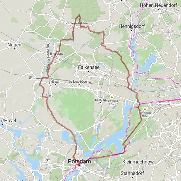 Karten-Miniaturansicht der Radinspiration "Gravel-Rundfahrradroute um Potsdam" in Brandenburg, Germany. Erstellt vom Tarmacs.app-Routenplaner für Radtouren