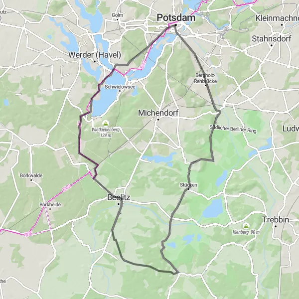 Map miniature of "Potsdam Hill Challenge" cycling inspiration in Brandenburg, Germany. Generated by Tarmacs.app cycling route planner