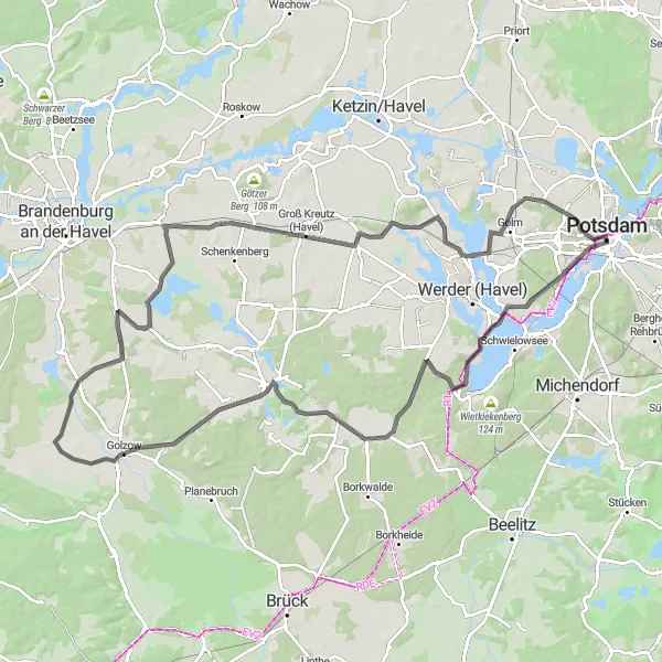 Karten-Miniaturansicht der Radinspiration "Rundfahrradroute um Potsdam - Straße" in Brandenburg, Germany. Erstellt vom Tarmacs.app-Routenplaner für Radtouren