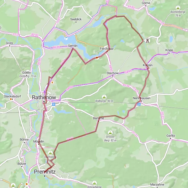 Map miniature of "Ferchesar Exploration" cycling inspiration in Brandenburg, Germany. Generated by Tarmacs.app cycling route planner