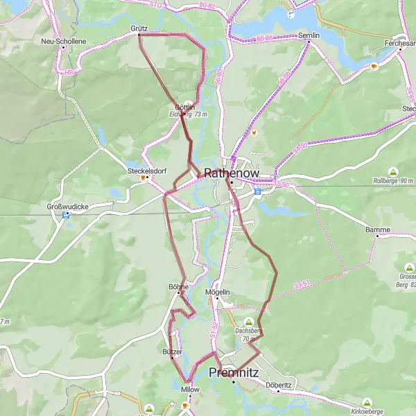 Map miniature of "Göttlin Gravel Ride" cycling inspiration in Brandenburg, Germany. Generated by Tarmacs.app cycling route planner