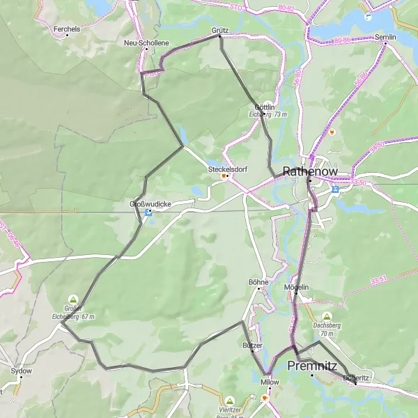 Map miniature of "Rathenow Road Adventure" cycling inspiration in Brandenburg, Germany. Generated by Tarmacs.app cycling route planner