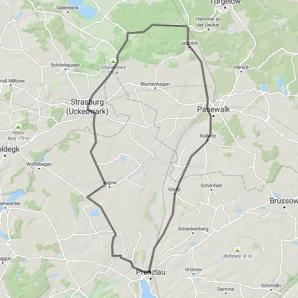 Map miniature of "Uckermark Circuit" cycling inspiration in Brandenburg, Germany. Generated by Tarmacs.app cycling route planner