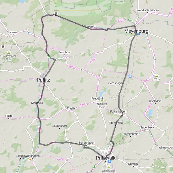 Karten-Miniaturansicht der Radinspiration "Radtour nach Falkenhagen und Penzlin" in Brandenburg, Germany. Erstellt vom Tarmacs.app-Routenplaner für Radtouren