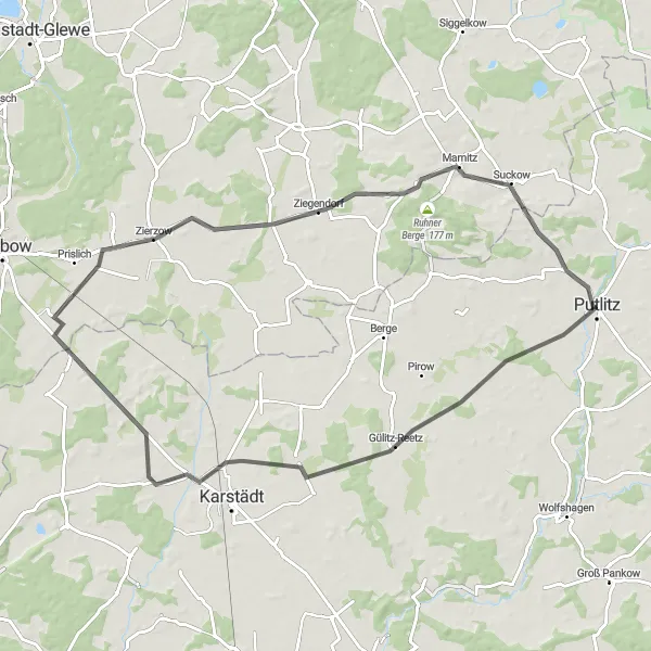 Map miniature of "Putlitz to Freudenberg Road Cycling Route" cycling inspiration in Brandenburg, Germany. Generated by Tarmacs.app cycling route planner