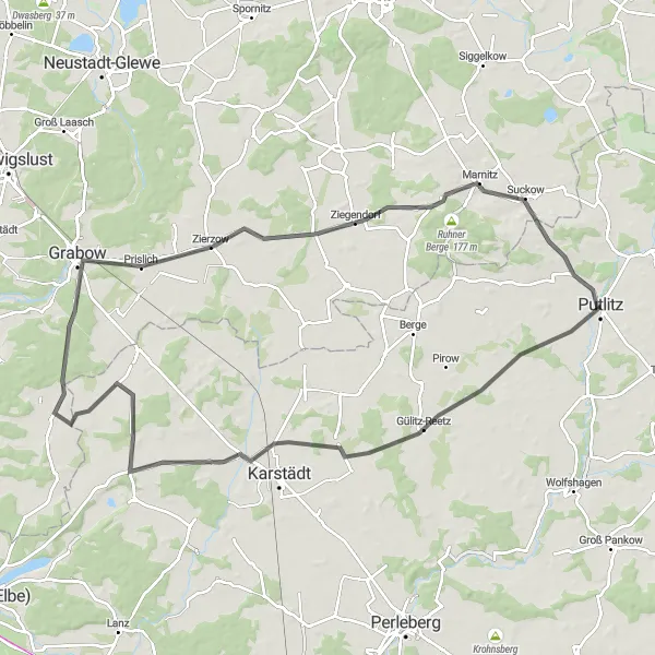 Map miniature of "Discover the Scenic Road Cycling Route from Putlitz to Freudenberg" cycling inspiration in Brandenburg, Germany. Generated by Tarmacs.app cycling route planner