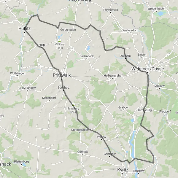 Map miniature of "Buckow to Triglitz: Exploring the Picturesque Countryside" cycling inspiration in Brandenburg, Germany. Generated by Tarmacs.app cycling route planner