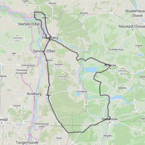 Map miniature of "Rathenow to Buckow Loop" cycling inspiration in Brandenburg, Germany. Generated by Tarmacs.app cycling route planner