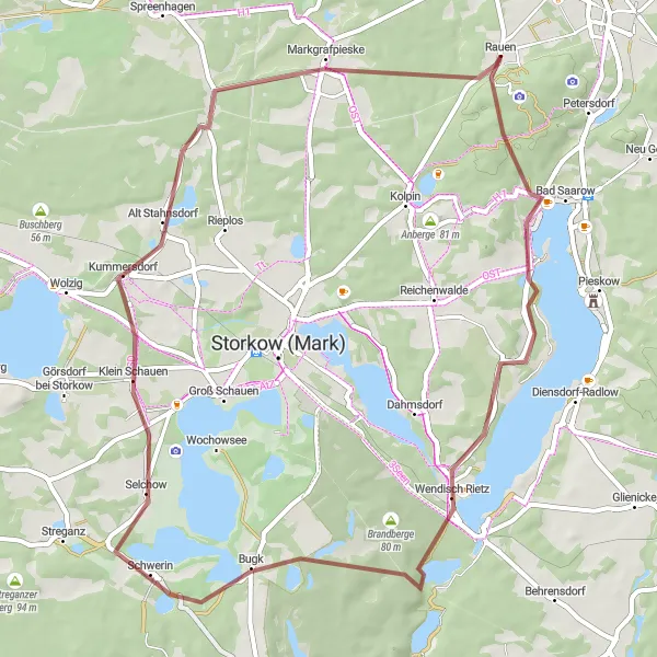 Map miniature of "Gravel Adventure in Rauen's Surroundings" cycling inspiration in Brandenburg, Germany. Generated by Tarmacs.app cycling route planner
