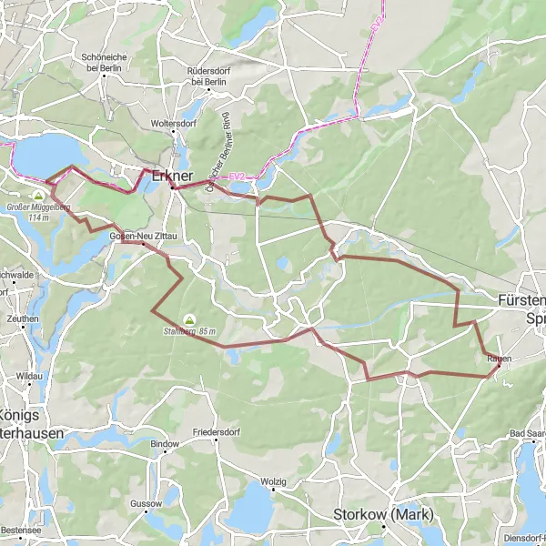 Map miniature of "Gravel Escape" cycling inspiration in Brandenburg, Germany. Generated by Tarmacs.app cycling route planner