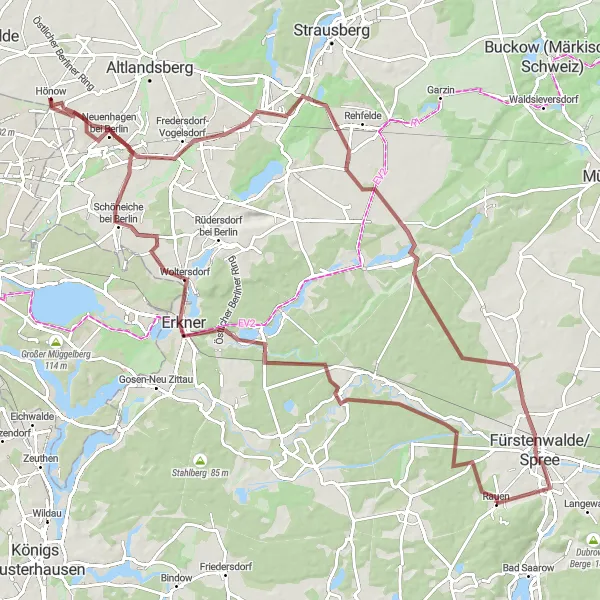 Map miniature of "Gravel Adventure around Rauen" cycling inspiration in Brandenburg, Germany. Generated by Tarmacs.app cycling route planner