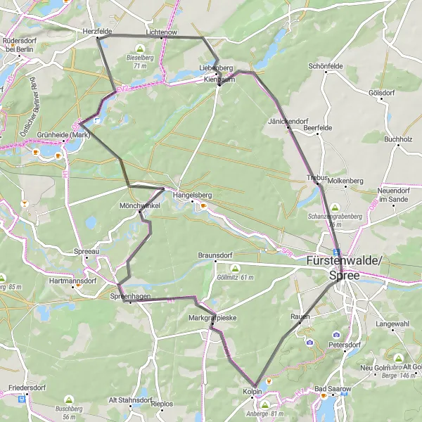Map miniature of "Rural Excursion" cycling inspiration in Brandenburg, Germany. Generated by Tarmacs.app cycling route planner