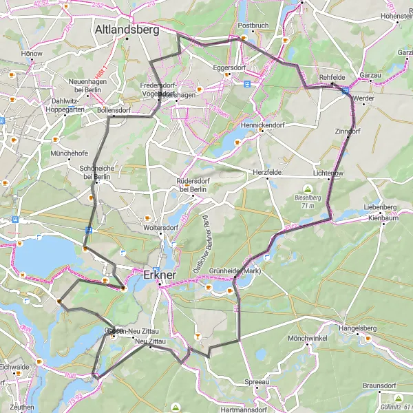 Map miniature of "The Lakes and Hills Road" cycling inspiration in Brandenburg, Germany. Generated by Tarmacs.app cycling route planner