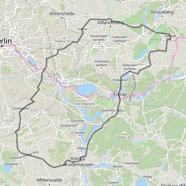 Map miniature of "The Berlin-Dahme Route" cycling inspiration in Brandenburg, Germany. Generated by Tarmacs.app cycling route planner