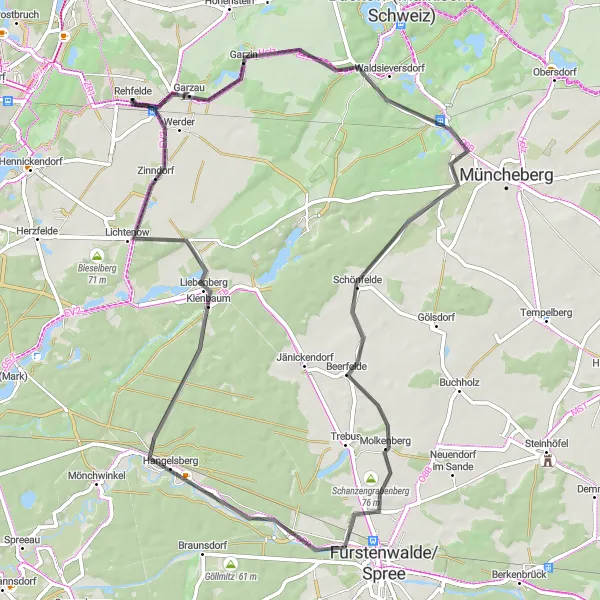 Map miniature of "Waldsieversdorf Road Circuit" cycling inspiration in Brandenburg, Germany. Generated by Tarmacs.app cycling route planner