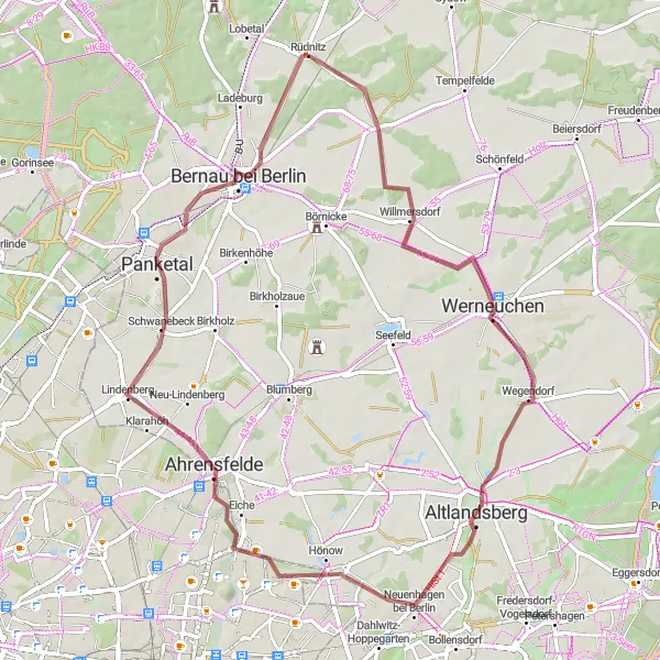 Map miniature of "Rüdnitz Gravel Adventure" cycling inspiration in Brandenburg, Germany. Generated by Tarmacs.app cycling route planner