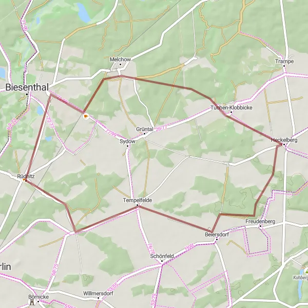 Map miniature of "Tranquil Gravel Loop" cycling inspiration in Brandenburg, Germany. Generated by Tarmacs.app cycling route planner