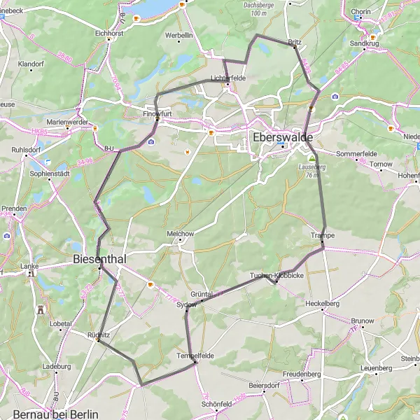Map miniature of "Biesenthal and Beyond" cycling inspiration in Brandenburg, Germany. Generated by Tarmacs.app cycling route planner