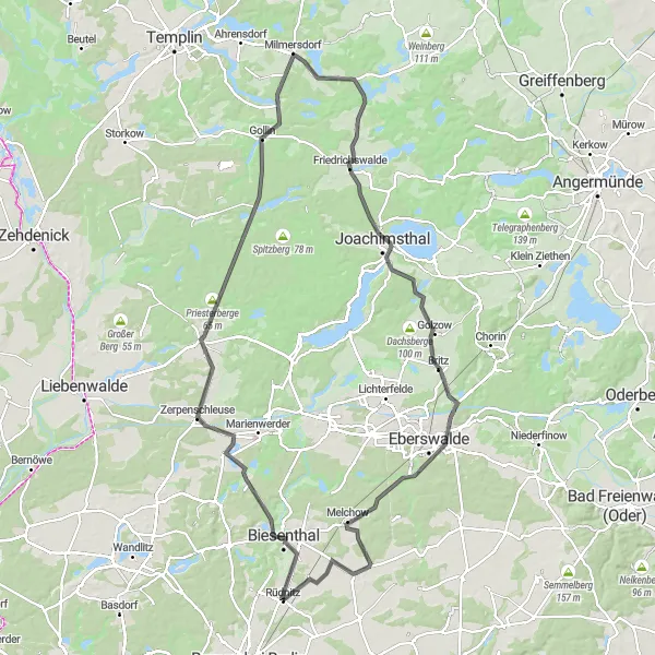 Map miniature of "Uckermark Adventure" cycling inspiration in Brandenburg, Germany. Generated by Tarmacs.app cycling route planner