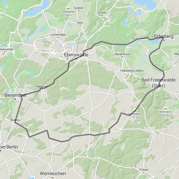 Map miniature of "Rüdnitz and Bad Freienwalde Loop" cycling inspiration in Brandenburg, Germany. Generated by Tarmacs.app cycling route planner